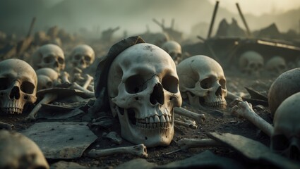 Remnants of ancient skulls and bones from a battlefield. Themes of conflict and end times. Rendering