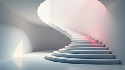 Naklejka premium A Modern Architectural Design Featuring a Curving White Staircase Ascending Towards a Circular Skylight in a Minimalist Interior Space