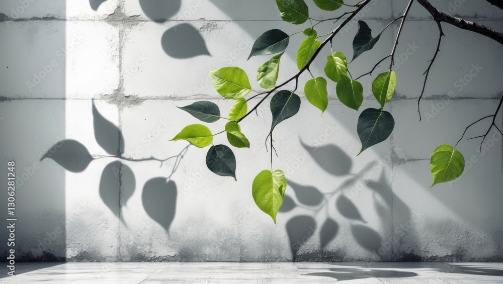 Poster falling tree branch with natural leaves casting gray shadows on a textured white concrete wall, crea