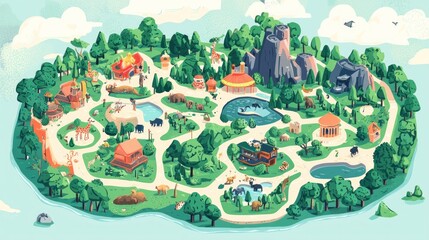 An illustrated map depicting a whimsical animal theme park layout