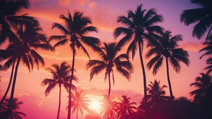Obraz premium Silhouettes of palm trees against a sunset sky in a tropical setting.