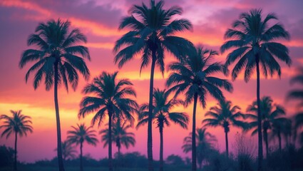 Silhouetted palm trees grace a breathtaking sunset backdrop.