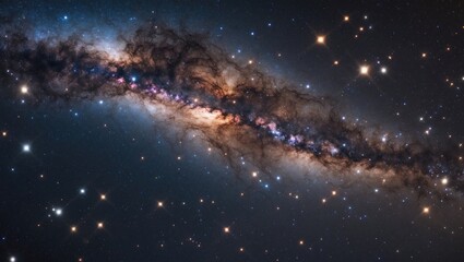 Vast view of the Milky Way galaxy featuring stars and cosmic dust, captured through a long exposure technique, with a gritty texture and high detail.