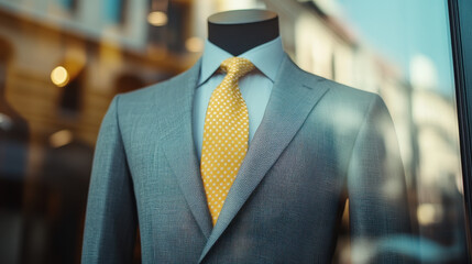 A gray suit with a yellow tie on a mannequin in the window display of a fashion store