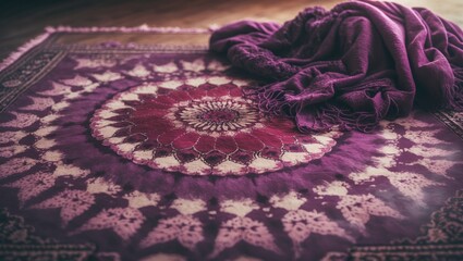 Mosaic design from the Ottoman era. Red tile patterns. Seamless tie-dye effect. Grunge style with pink tones. Purple Persian rug. Bohemian fashion in purple shades. Layer of boho tie-dye.