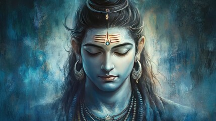 A serene portrait of Lord Shiva, with his tranquil expression and intricate adornments, radiating peace and spiritual enlightenment