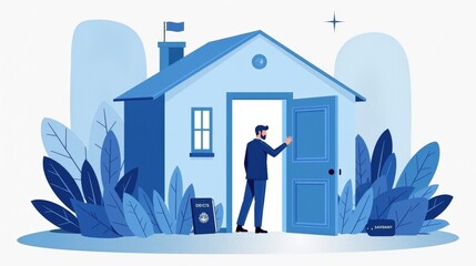 Obraz premium A stock illustration representing Immigration policy in blue and white, with geometric shapes, open doors, and passports. Visual hierarchy and texture overlays enhance spatial complexity.