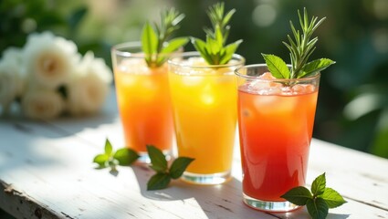 Refreshing beverage, Tasty vegetable juices and fresh components on a light grey surface, Close-Up of Three Cups of Fruit Juices on a White Garden Table. Elevated Perspective.