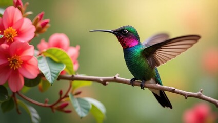 Mature male Anna's hummingbird perched in a floral setting.