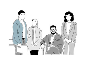 Multinational business team work scene illustration. Diverse multiethnic men and women working together. Modern vector simple outline illustration for graphic, web design isolated