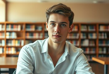 Fototapeta premium Pensive male student in a library
