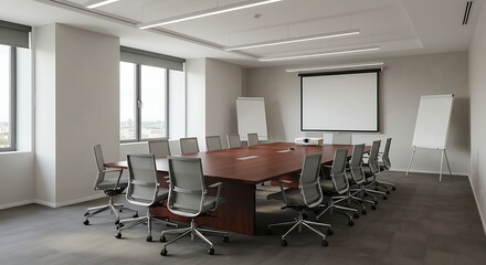 Office meeting room with a long conference table, projector screen, and ergonomic chairs.