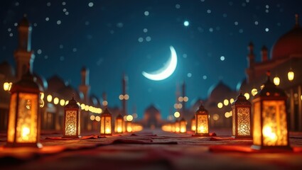Moonlit landscape with lanterns and stars, celebrating Ramadan Kareem.