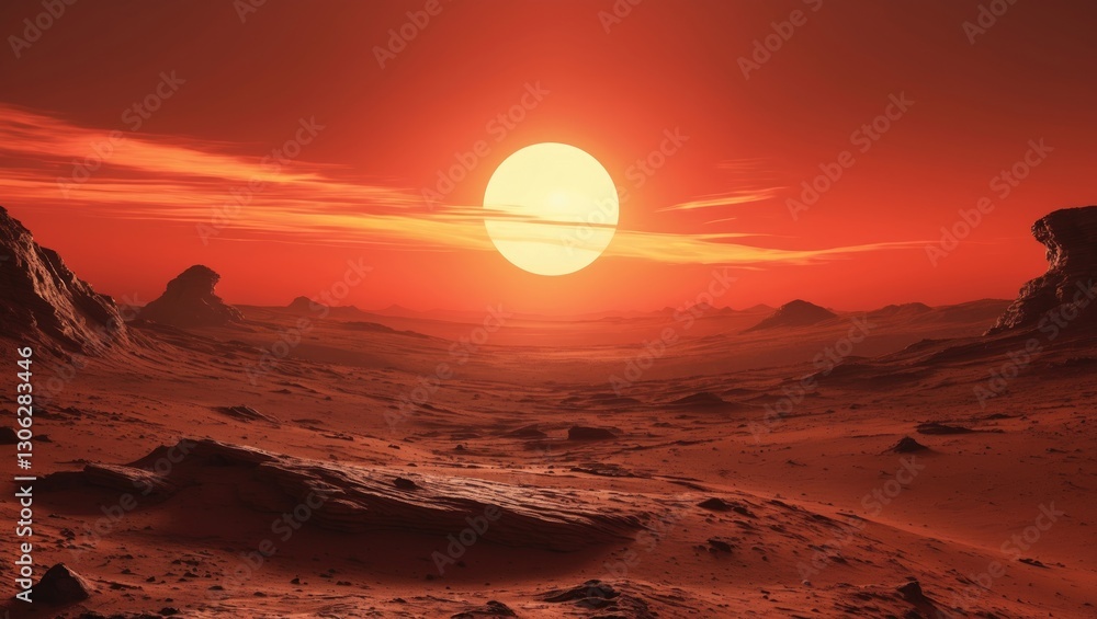 Poster sunset on mars, panoramic view of an alien terrain, depiction of another planet's surface, digital r