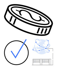 Black coin, checkmark, globe with network, and data servers emphasizing digital economy, blockchain, secure transactions. Ideal for fintech, cryptocurrency, global trade secure data payment