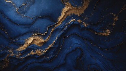 Fototapeta premium opulent wallpaper. Deep ocean blue marble with gold abstract design. Rich indigo marbling featuring natural luxurious swirls of marble and golden powder.