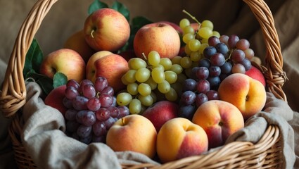 Fresh fruits arranged in a woven basket