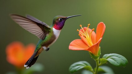Fototapeta premium Male Allens Hummingbird (Selasphorus sasin) hovering near a flower against a green backdrop.