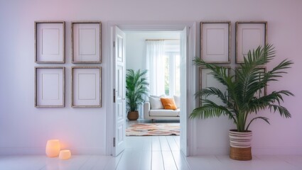 Design mockups featuring vacant photo frames on a white wall, showcasing a style suitable for a white living room. An open white door reveals a modern bohemian, Scandinavian-inspired interior with ...