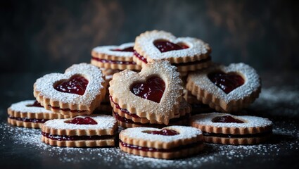 Heart-shaped Linzer cookies with jam center, perfect for Valentine's Day