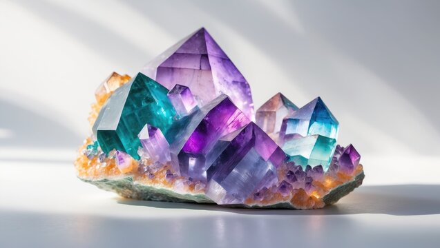 Vibrant fluorite crystals, fluorspar mineral specimen. This photograph is suitable for geological studies. Displayed on a white background.