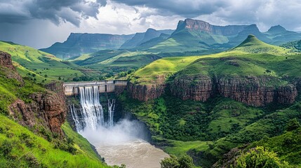 Fototapeta premium A stunning view of a dam in a remote, rugged terrain, with water flowing over its spillways, surrounded by verdant mountains