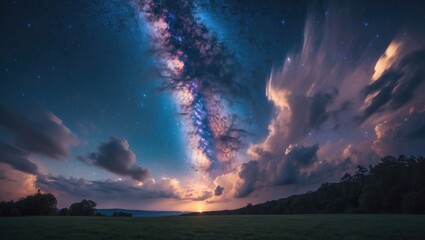 Galactic view of the Milky Way filled with stars and cosmic dust, featuring long-exposure photography, Nighttime scenery showcasing a vibrant Milky Way, Starry summer sky, Stunning Universe, Cosmic...