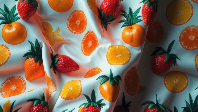 funny textile designs featuring tropical fruits. A seamless pattern of oranges, strawberries, and pineapples against a white background. Colorful fabric and decor ideas adorned with lively fruits. - Powered by Adobe