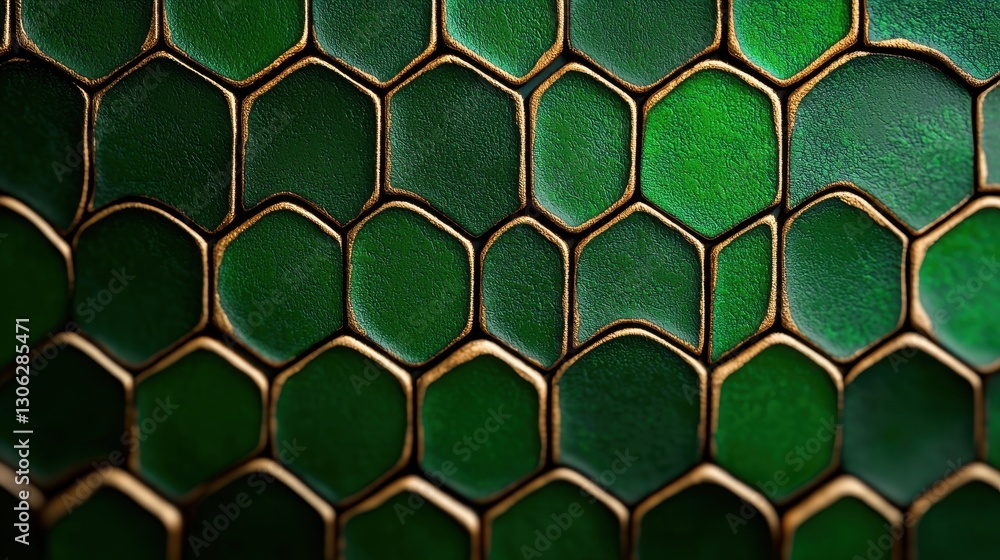 Poster green hexagonal patterns with textured surface and golden accents