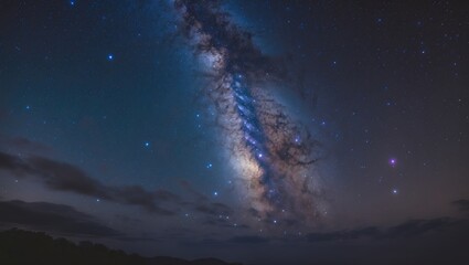 Vast expanse of the Milky Way on a dark night. Deep celestial view with noise and grain. Captured through long exposure and selective white balance.