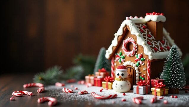 On a dark backdrop, an enticing gingerbread house is showcased alongside a Christmas tree sprig adorned with tiny gifts and a sugar-coated snowman, perfect for holiday cards and promotional offers.