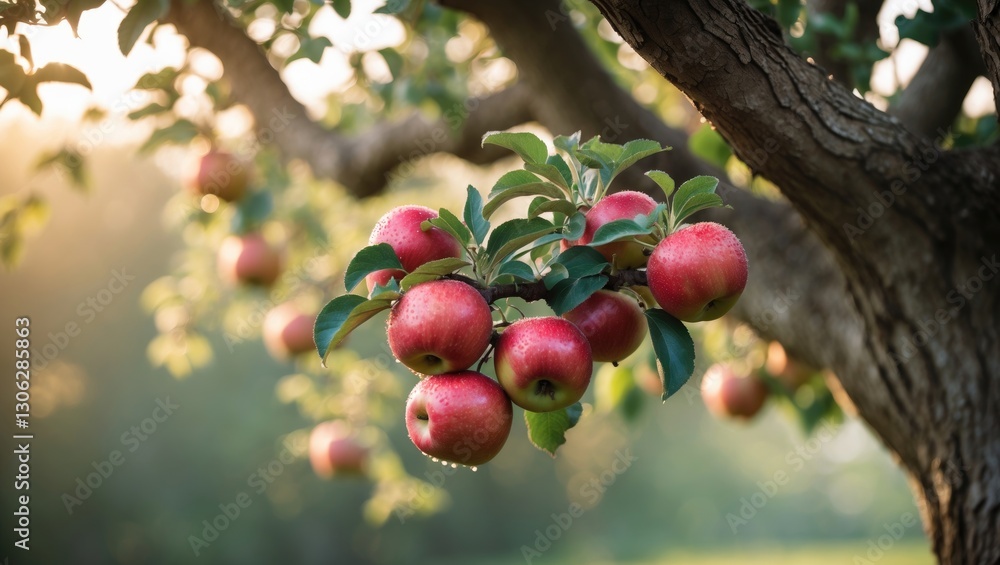 Poster bountiful apple tree a garden tree adorned with a cluster of ripe red apples hanging from its branch
