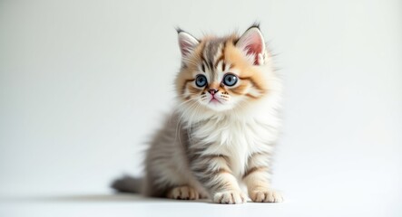 Three-month-old Persian kitten posed against a light backdrop