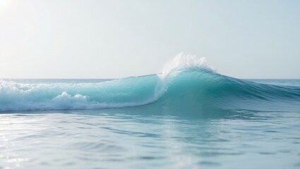 Lone blue ocean waves adorned with white foam against a pale backdrop. Wide format.