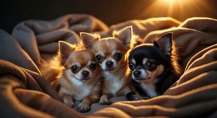 adorable small chihuahua puppies snuggled in bed