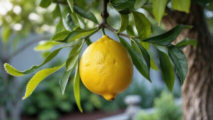Yellow lemon fruit on a tree branch surrounded by green leaves in a garden. Close-up view of Citrus limon growing on a limb, showcasing a decorative Meyer lemon plant.