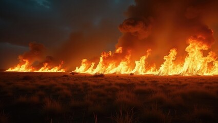 Wildfire landscape at night, wide-angle perspective. Themes of arson, destruction, and severe natural events.