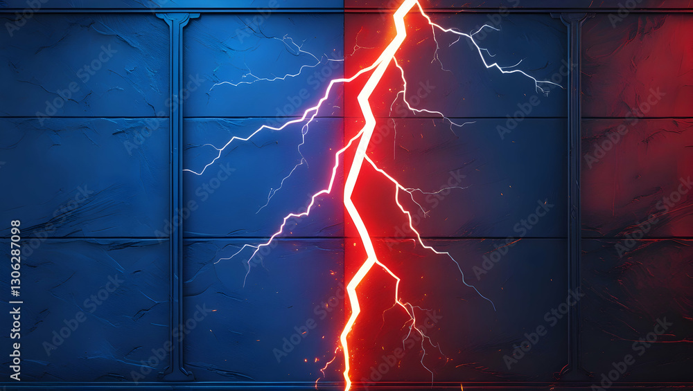 Poster a striking image of a red lightning bolt splitting a blue and red textured background, creating a dr