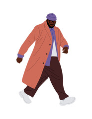 Stylish black man walking in fashion casual outfit, modern warm autumn, winter clothes, coat and hat. African man wearing street fashion outfit. Vector male character isolated