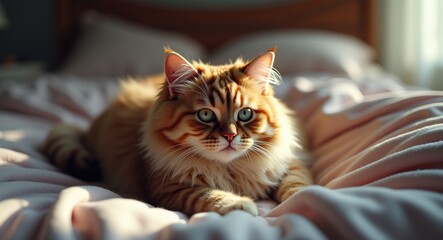 shorthair cat lounging on bed with space for text