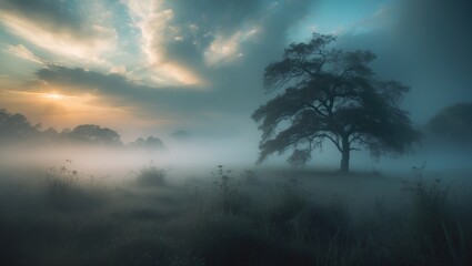 Fototapeta premium Misty outdoor landscape with a hazy sky and tree