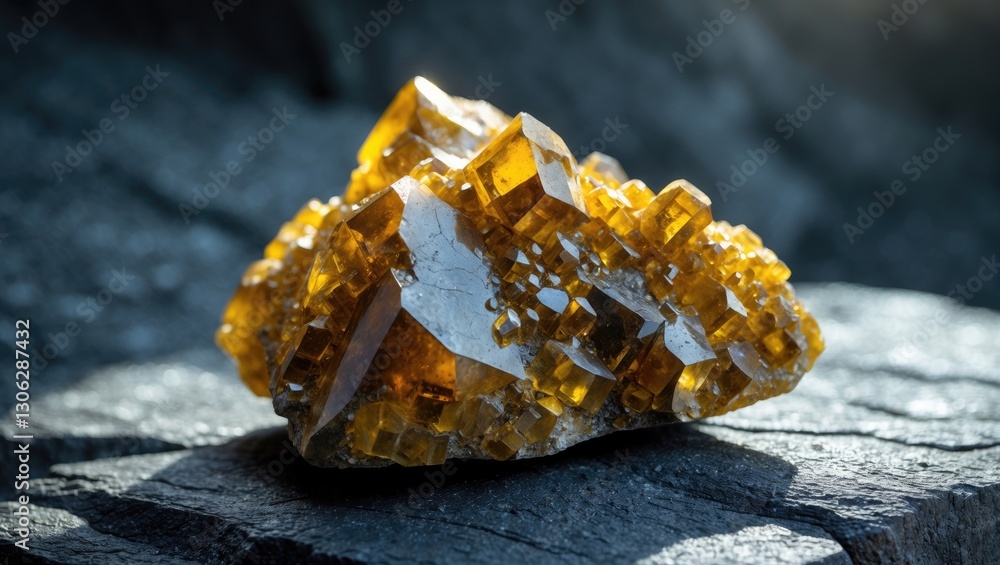 Poster close-up view of an uneven chalcopyrite mineral on a rocky surface, showcasing a macro perspective o