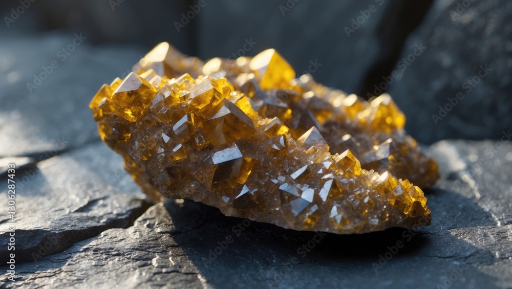 Poster close-up view of raw chalcopyrite mineral on a rocky surface, showcasing the shiny yellow-brown ston