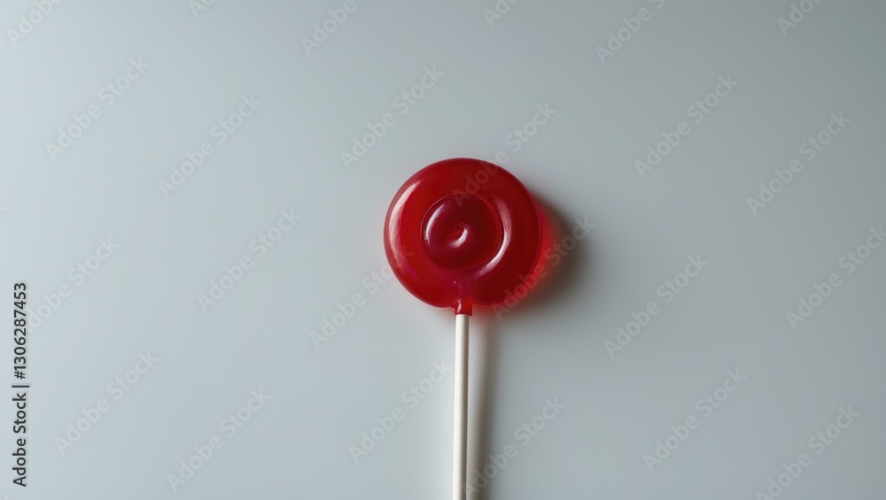 Poster red candy pop on a stick against a white backdrop. circular lollipop in red color set on a white sur