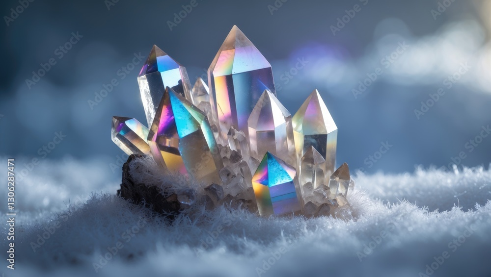 Poster titanium aura quartz crystal cluster with rainbow hues on a bright background