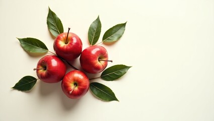Crimson apples arranged on a light table with green foliage from above