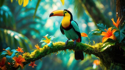 Fototapeta premium Keel-billed toucan perched among lush foliage in its natural environment.