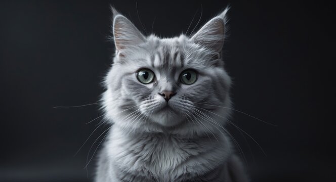 Silver Pixie Bob feline against a dark backdrop