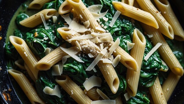 Penne pasta served in a creamy spinach sauce topped with parmesan. Bird's eye view.
