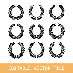 Fototapeta premium Black Chaplet Nominate Winner Silhouette Icon Set. Trophy crest. Greek olive branch award, winner round emblem